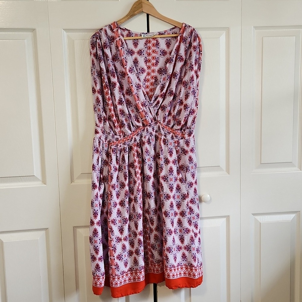 Sleeveless Lapogee V-Neck Smocked Waist Midi Dress 3X Red Purple Medallion Print